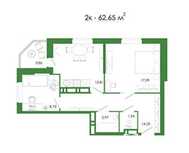 Квартира №5, двухкомнатная, 62,65 м²